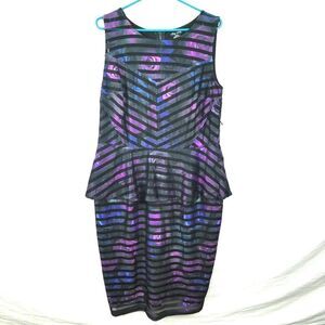 City Chic Floral Rose Mesh Striped Peplum Pencil Sleeveless Dress Plus Size XS14
